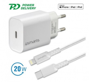 4smarts hálózati gyorstöltő adapter 20W, Type-C QC 3.0, 1.5m Lightning kábel, fehér (4S465575 + 4S465591)